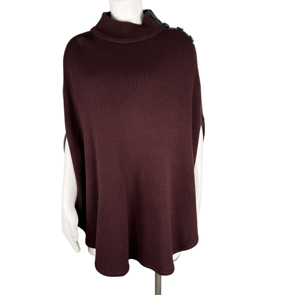 New York & Company Ribbed Knit Poncho Sweater Purple Black S/M